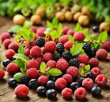 AI generated Blackberries, raspberries, blueberries and mint on a wooden background photo