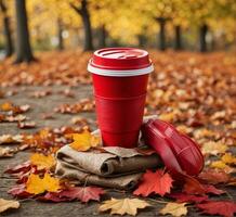 ai generado rojo papel taza de café y otoño hojas en el suelo en el parque foto