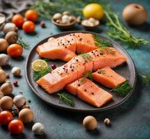 AI generated Raw salmon fillet with herbs and spices on a dark background. photo