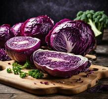 AI generated Purple cabbage on a wooden cutting board. Selective focus. photo