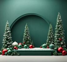 AI generated Christmas background with green podium, Christmas tree and decorations. 3d render photo