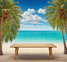 AI generated Wooden table on tropical beach with palm trees and blue sky background photo