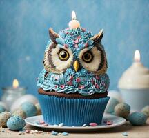 AI generated Cute owl cupcake with blue buttercream icing and a burning candle on a blue background photo