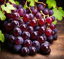 AI generated Grapes with leaves and water splash on a turquoise background photo