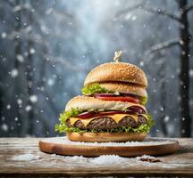 ai generado grande sabroso hamburguesa con queso en de madera mesa en un invierno bosque con nevada foto