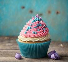 AI generated Chocolate cupcake with chocolate cream and burning candles on a brown background photo