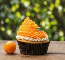 AI generated Cupcake with orange on wooden table with bokeh background photo