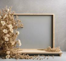 AI generated Wooden frame with dried flowers on gray background. Mock up, 3D Rendering photo