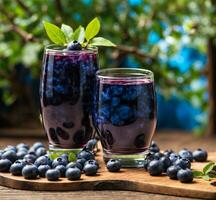 AI generated Blueberry smoothie in glass with fresh berries on wooden background. photo