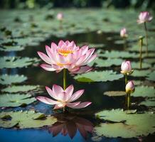 AI generated Beautiful pink lotus flower blooming on the pond in summer photo