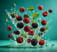 AI generated Falling raspberries and blackberries with water splash on a blue background photo