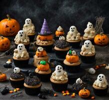 AI generated Chocolate Halloween cupcakes on wooden table. Selective focus. photo