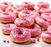 AI generated Delicious pink donuts with sprinkles on a white background. photo