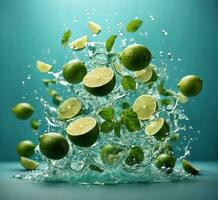 AI generated Fresh limes falling into water with splash and mint leaves on a blue background photo