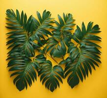 AI generated Tropical leaves on yellow background, flat lay. Nature concept photo