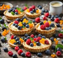 AI generated Sandwiches with fresh berries, banana and cheese on a wooden background photo