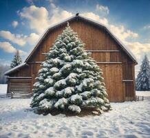 ai generado abeto árbol en frente de un de madera casa cubierto con nieve en invierno foto