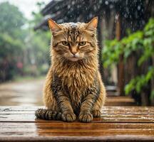AI generated Cute cat sitting on a wooden floor in the rain with a blurred background photo