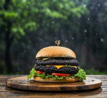 AI generated Hamburger on a wooden table with raindrops in the background photo