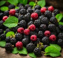 AI generated Blackberries and raspberries on wooden background. Selective focus. photo