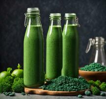 AI generated Green smoothies in bottles with spirulina powder and ingredients on a dark background photo