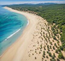 ai generado aéreo ver de el hermosa playa y línea costera de Sithonia península, tizaidiki, Grecia foto