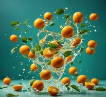 AI generated Fresh tangerines falling into water with a splash on a turquoise background photo