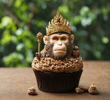 AI generated Cupcake with monkey and golden crown on wooden table. Selective focus. photo