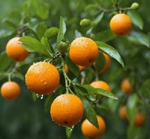 AI generated Ripe oranges on the tree in the garden. Shallow depth of field. photo