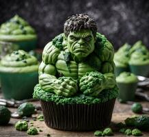 AI generated Fantasy cupcakes with green monsters, Halloween concept, selective focus photo