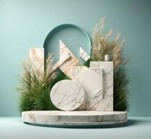 AI generated 3d render of minimal abstract geometric forms. White marble podiums with green leaves and plants on blue background. photo