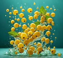 AI generated Yellow currant with water splash on blue background. Fresh berries. photo