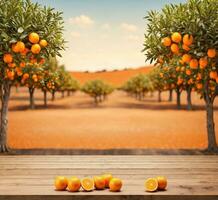 AI generated Orange fruit on a wooden table in an orange orchard. Collage. photo