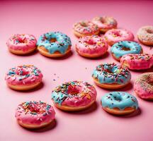 AI generated Flying donuts with sprinkles on pink background. 3d rendering photo