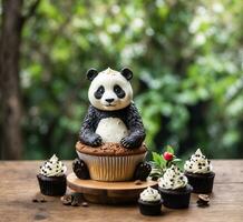 AI generated Cupcake with panda bear and chocolate on wooden table. photo
