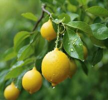 AI generated Ripe lemons on a lemon tree branch with water drops. photo