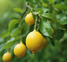 ai generado maduro limones en un limón árbol rama con agua gotas. foto