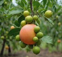 AI generated Ripe grapefruits on a tree in the orchard. photo