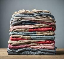 AI generated Stack of folded clothes on wooden table over grey background, close up photo