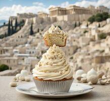 AI generated Cupcake with butter cream on top and Acropolis in the background photo