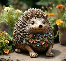 AI generated Decorative hedgehog with flowers in the garden, close-up photo