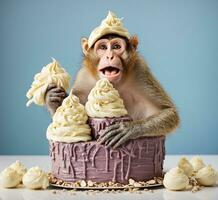 AI generated Cute funny monkey in a hat and a cake with cream. photo