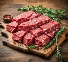 AI generated Raw beef steak on a cutting board with rosemary and peppercorns photo