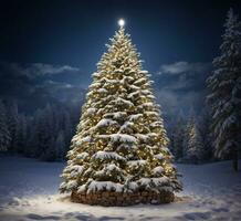 ai generado Navidad árbol en el montañas cubierto con nieve y iluminado por el Luna foto