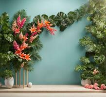 AI generated Tropical flowers in vase on turquoise wall background photo