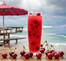 AI generated Cherry smoothie in a glass with fresh cherries on the beach photo
