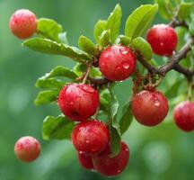 ai generado rojo cerezas en un árbol rama con agua gotas en el jardín foto