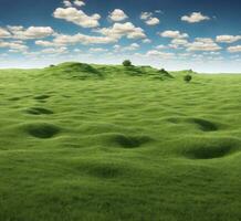 AI generated Green meadow and blue sky with white clouds. 3d render photo