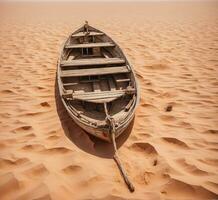 ai generado abandonado barco en el Sáhara desierto, Marruecos, África. foto