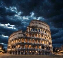 ai generado el coliseo en Roma, Italia a noche con dramático cielo foto